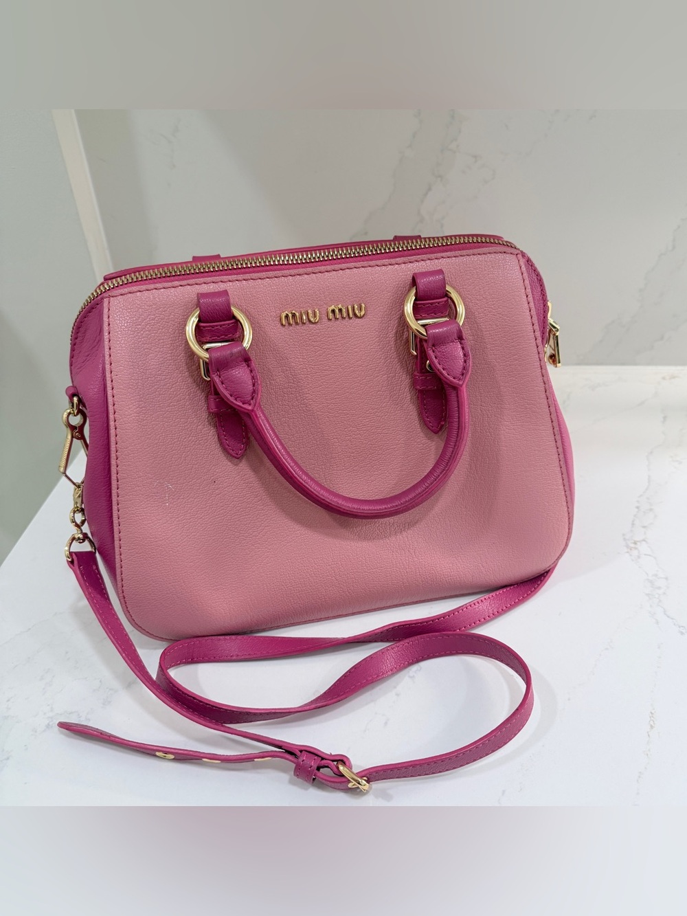 Miu Miu Two-Tone Pink Leather Satchel Crossbody Bag Gold Hardware Made Italy